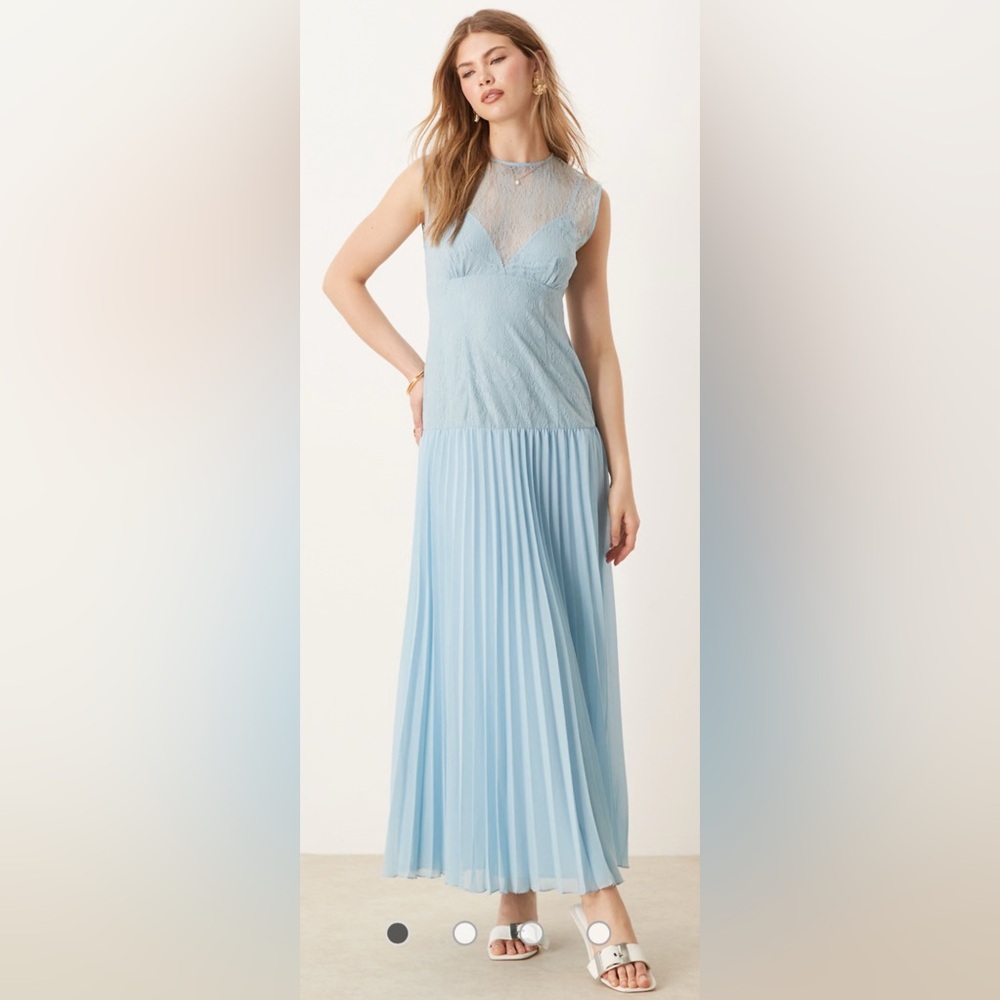 lace bodice pleated skirt midi dress in blue